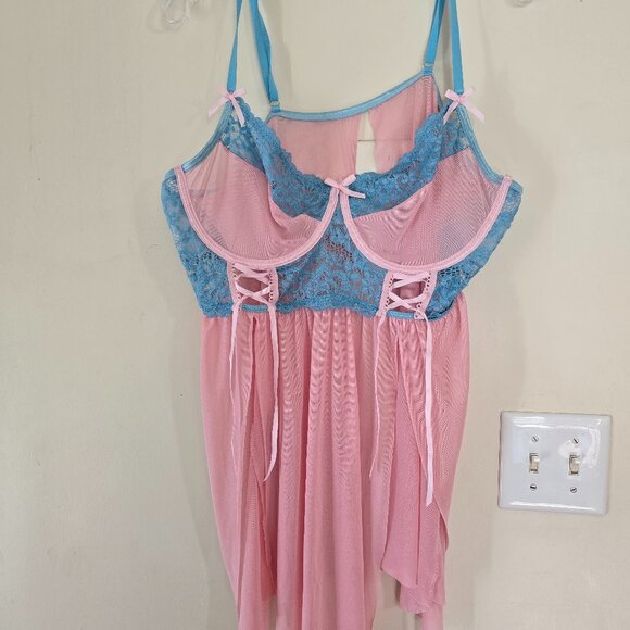 Women's Plus 4x Pink and Blue Babydoll Lingerie Slip - Picture 1 of 6